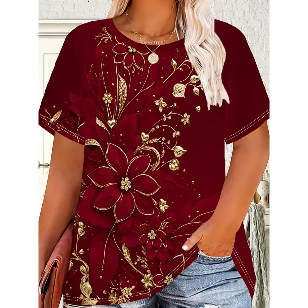 Ladies Summer Colorful Flower Printed Large Loose Casual T-shirt Fashionable Comfortable Soft Breathable Short Sleeved T-shirt