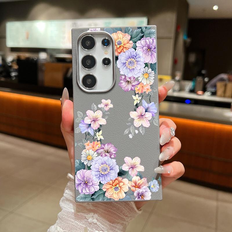 Color Floral Print Matte Leather Texture Phone Case For Samsung S25 S24 FE S23 Ultra S22 S21 A16 A56 A36 A15 A55 A35 Soft Slim TPU Shockproof  Cover
