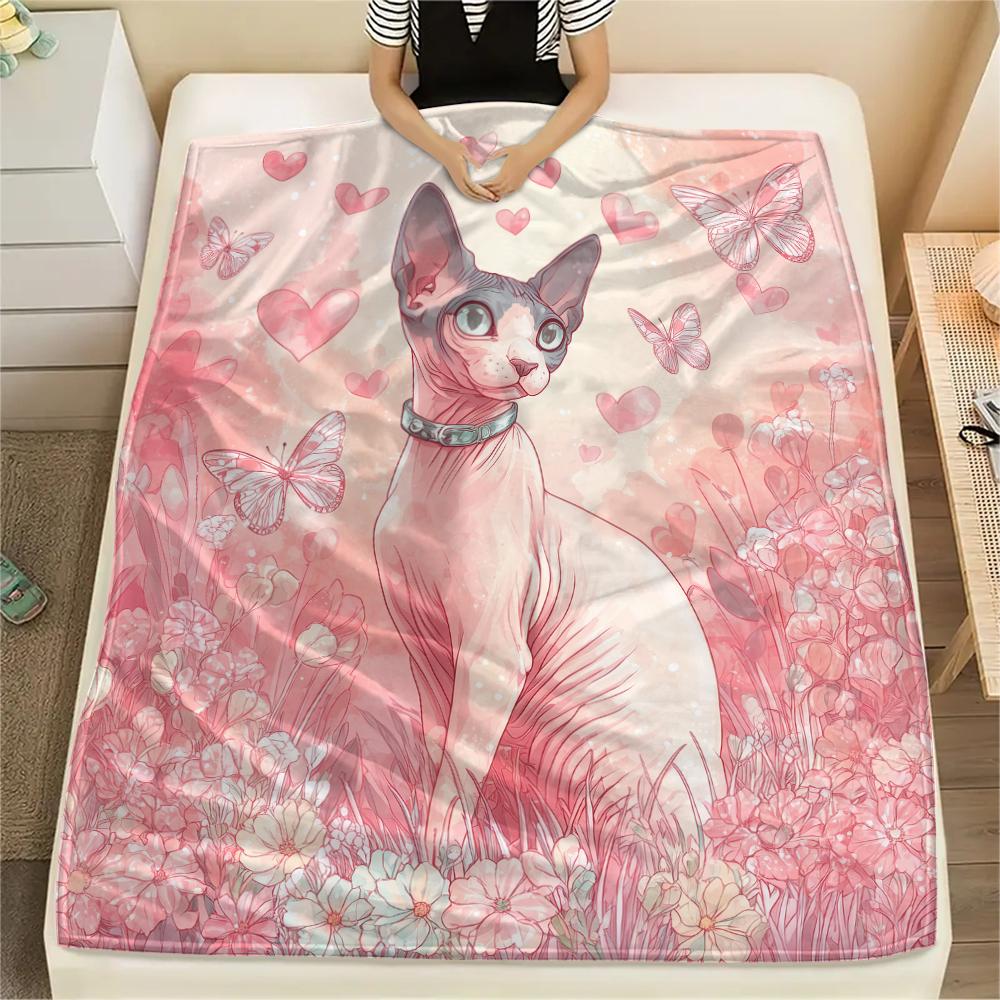 Hairless Cat Pattern Flannel Blanket, High Quality Comfortable for All Seasons, Home Decor, Warmth and Comfort, Perfect for Gifts.