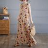 DIMANAF 2025 Women Linen Summer Flower print Dress Casual Ladies Basic Long Dress 8083