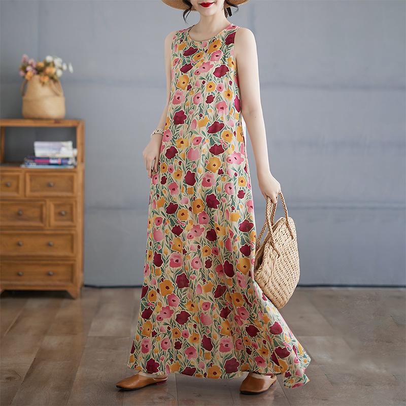 DIMANAF 2025 Women Linen Summer Flower print Dress Casual Ladies Basic Long Dress 8083