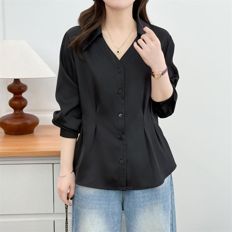 2026 Spring Plus Size Women's V-Neck Long Sleeve Pleated Cardigan Top