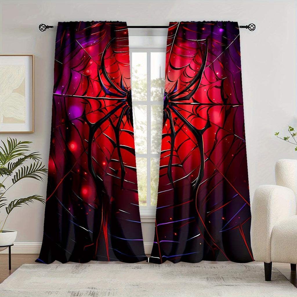 2 Stück Rote Spinnennetz HD Digitaldruck Vorhänge Heimdeko Wohnzimmer Schlafzimmer Stangentaschenvorhänge Arbeitszimmer Fenster Büro Heimdeko
