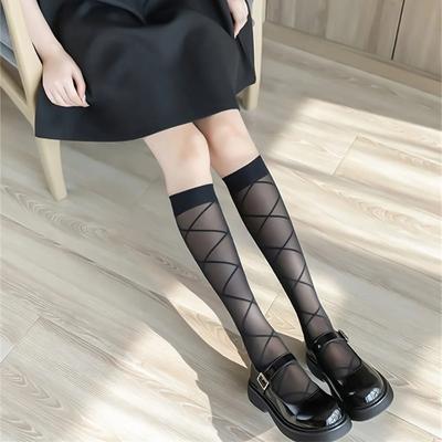 Criss Cross Muster Wadenstrümpfe Dunkel Transparent All-Match Kniestrümpfe Damenstrümpfe Strumpfwaren