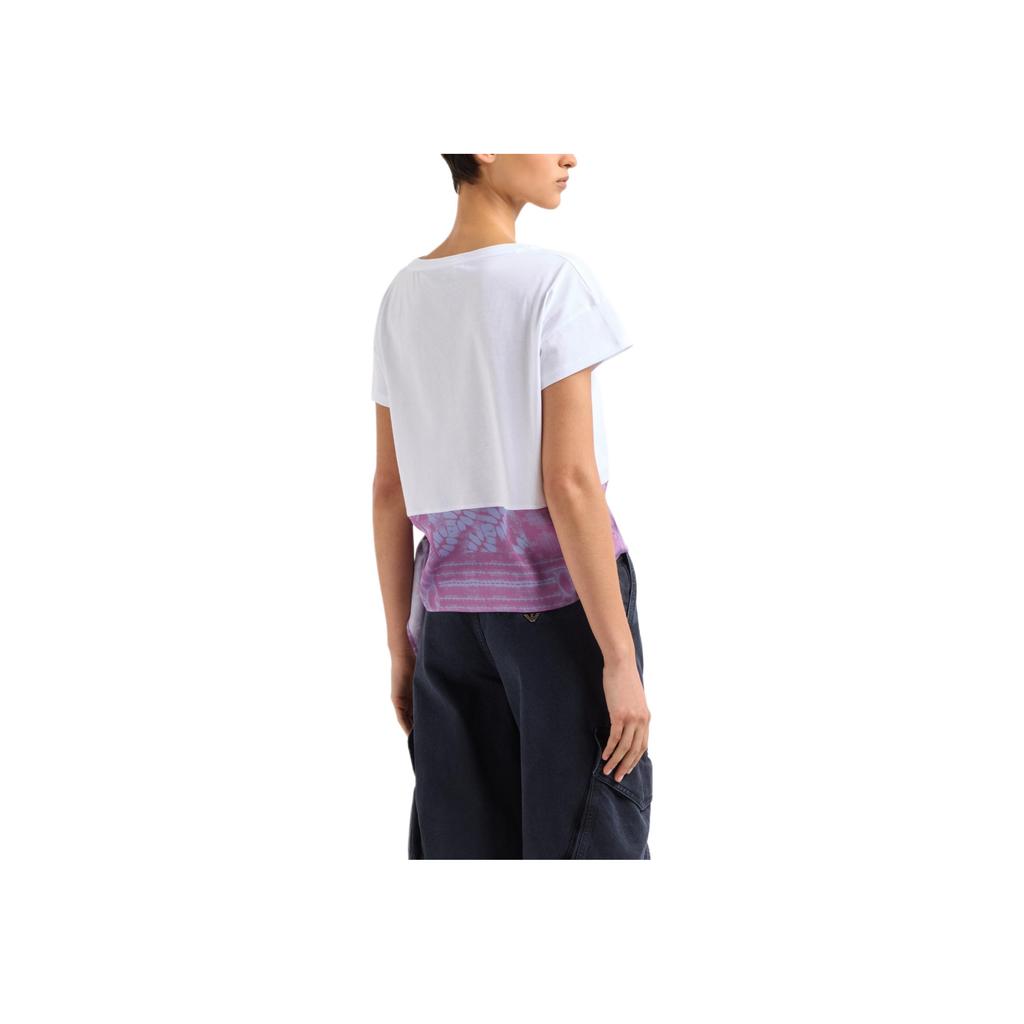 Emporio Armani Loose Fit Round Neck Printed Chiffon Spliced Short Sleeve Drop Shoulder T-Shirt Women tops White EW001524-AF12597-F0027