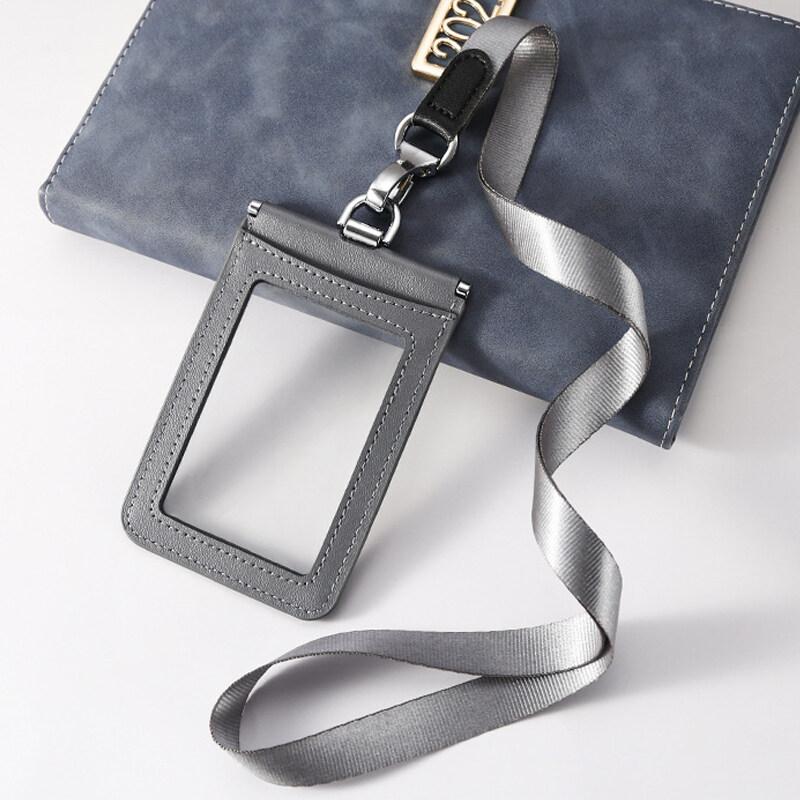 2-Sided Transparent Window Badge Holder ID Business Work Card Holders Genuine Leather Card Case with Lanyard (Can Hold 4 Cards )