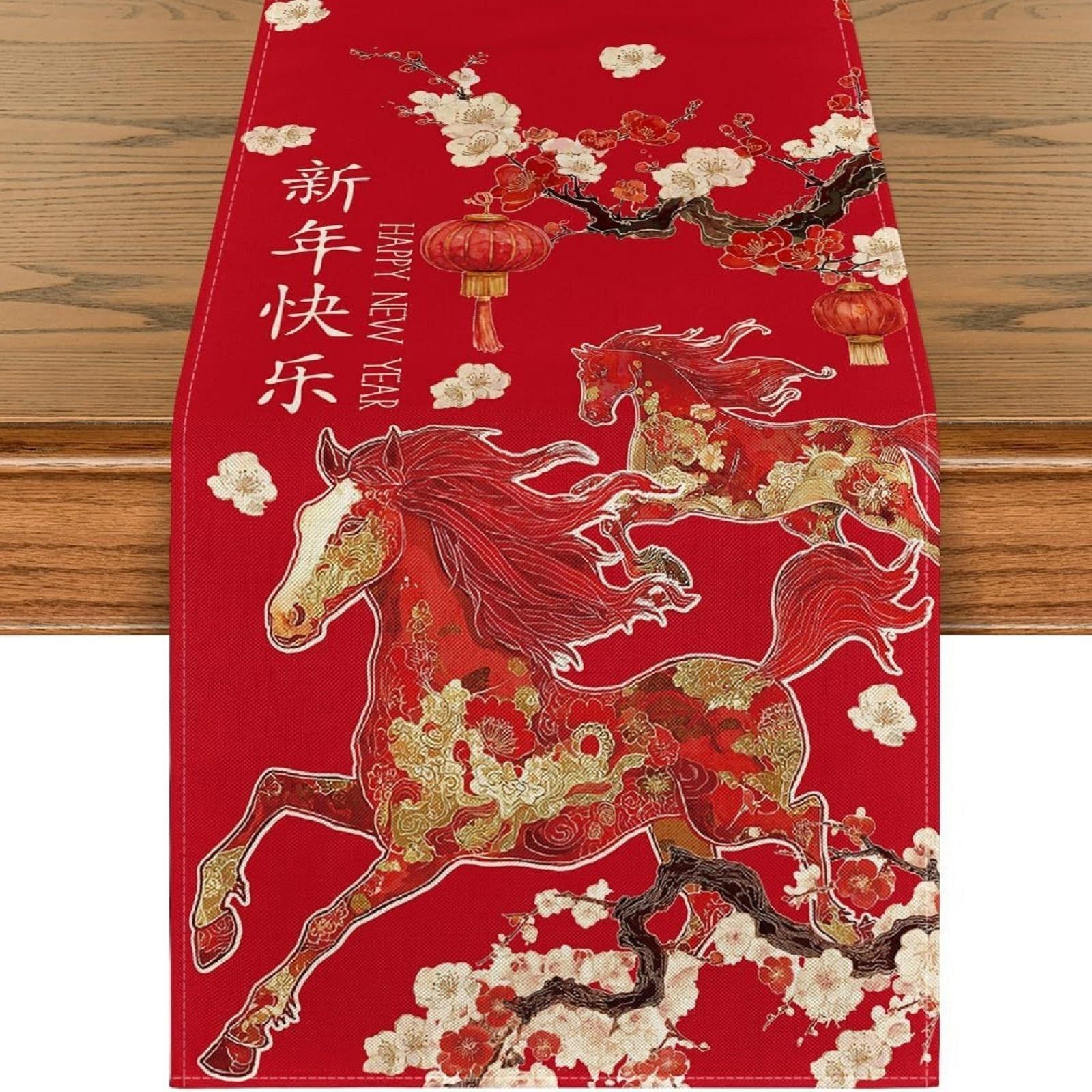 

13*47in Print Red Table Flag Bedroom Headboard Tablecloth,Horse Pattern Table Flag, Spring Festival, Winter, Restaurant