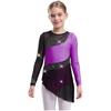 Girls Dance Gymnastics Bodysuit Dress Long Sleeve Sheer Mesh Patchwork Sparkling Rhinestones Color Block Leotard