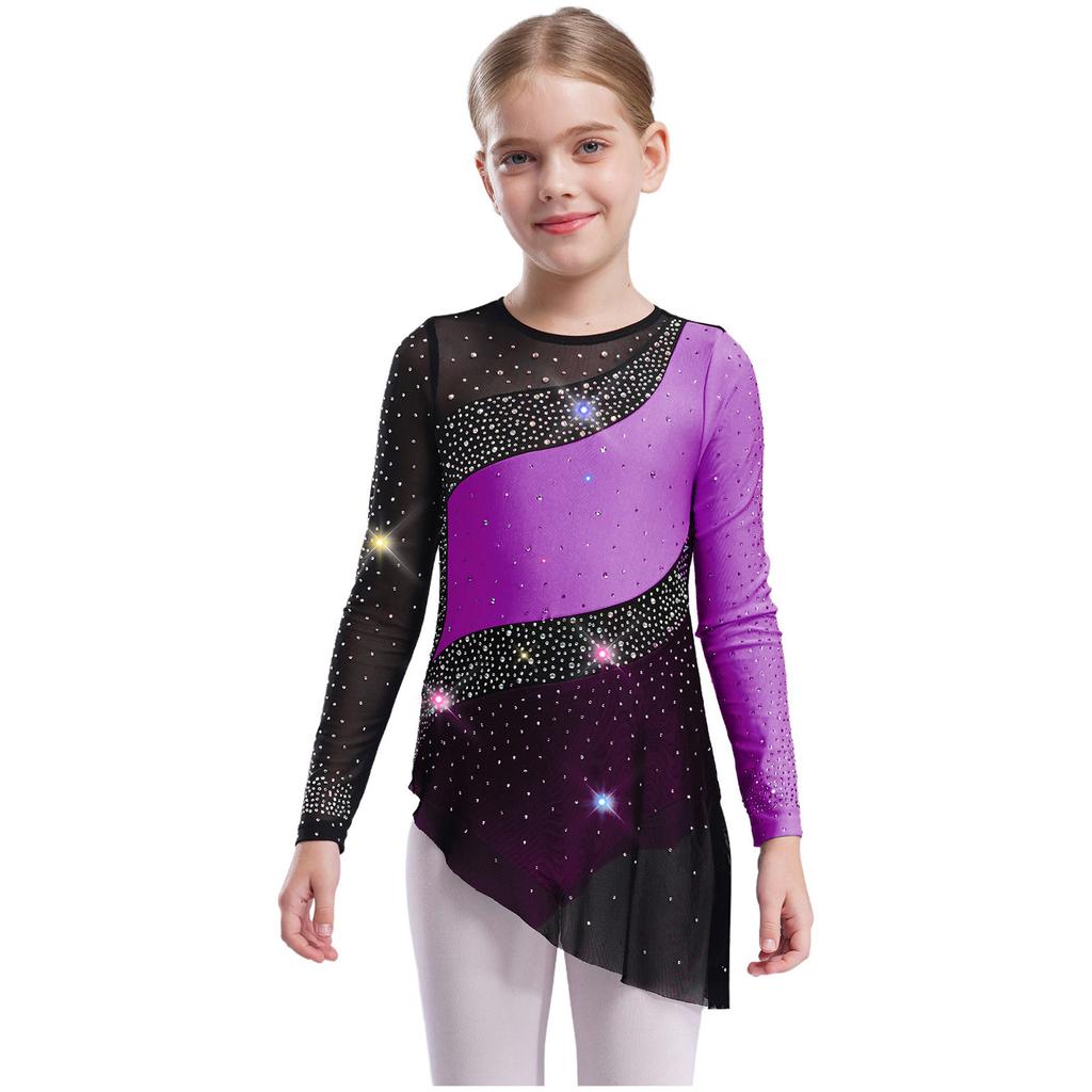 Girls Dance Gymnastics Bodysuit Dress Long Sleeve Sheer Mesh Patchwork Sparkling Rhinestones Color Block Leotard