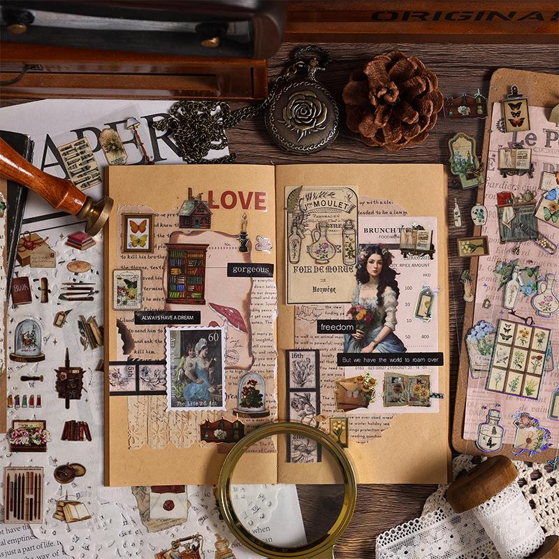 Yuezhen Vintage Retro Waterproof PET Journal Stickers - Die-cut DIY Creative Material