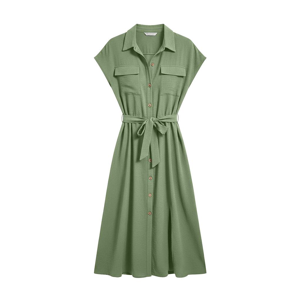 Women's Casual Button Down Shirt Dress with Waist Tie and Short Sleeves Midi Length Relaxed Fit Lightweight Fabric