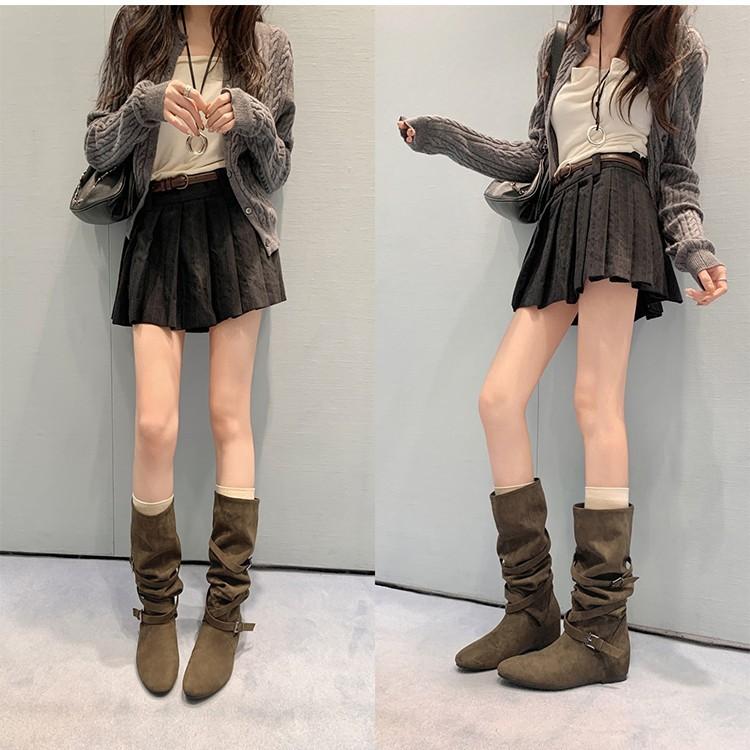 [Su Yinyin] Norwegian stacking boots~ 5cm inner height increase cross buckle medium height cowboy boots women's western boots