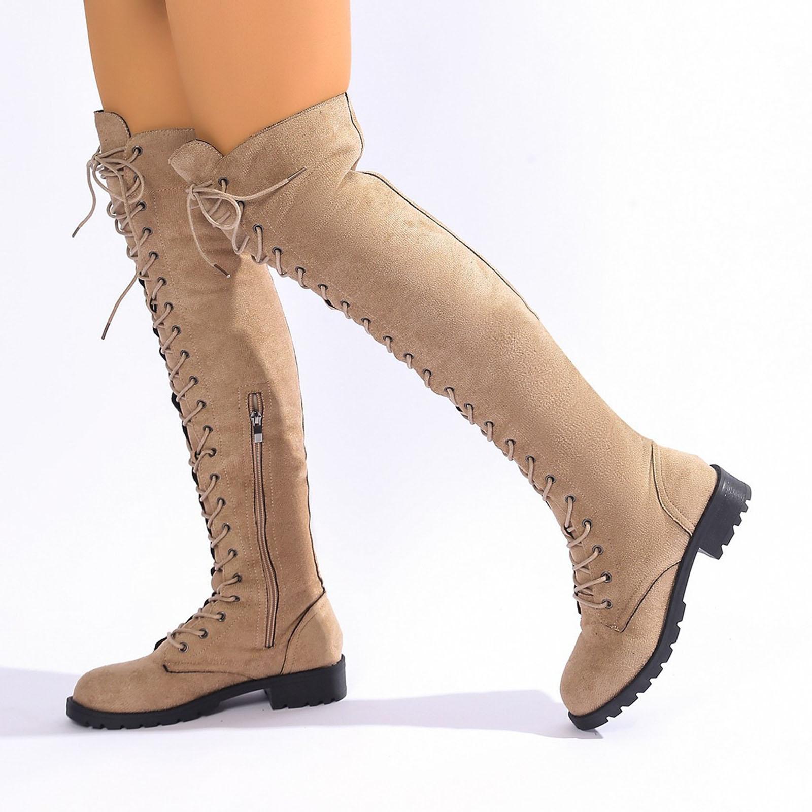 

Women s Fashion Lace-Up Over-the-Knee Boots Round Toe Low Heel Side Zipper Plus Size Long Boots Lace-Up Boots 40 хакі