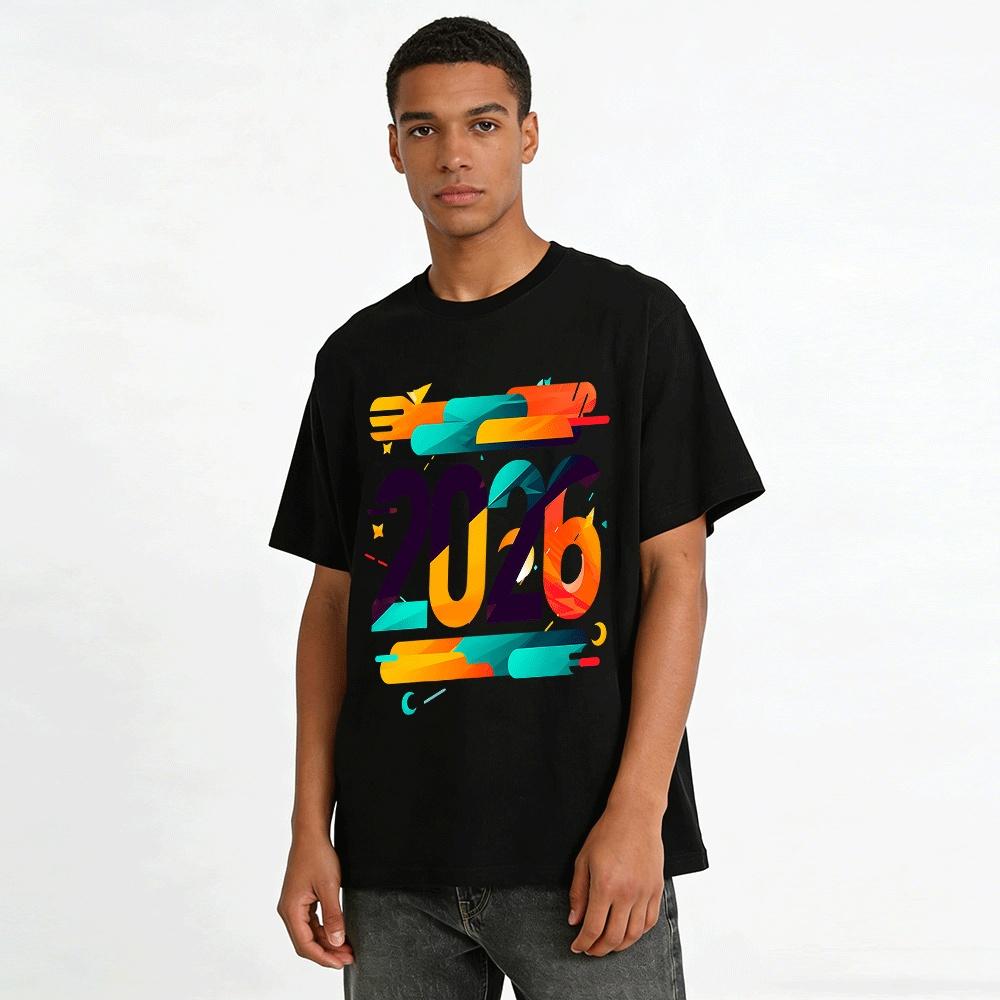 2026 Trendy Color Block Digital Print Casual Versatile T-Shirt Pure cotton T-shirt