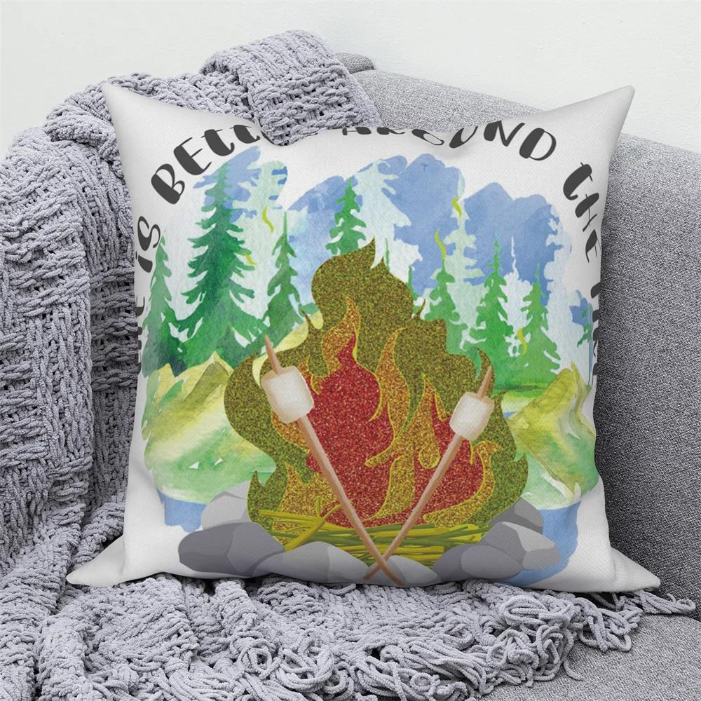 Decorative Cushion Covers Camping Bus Printed Pillow Home Sofa Throw