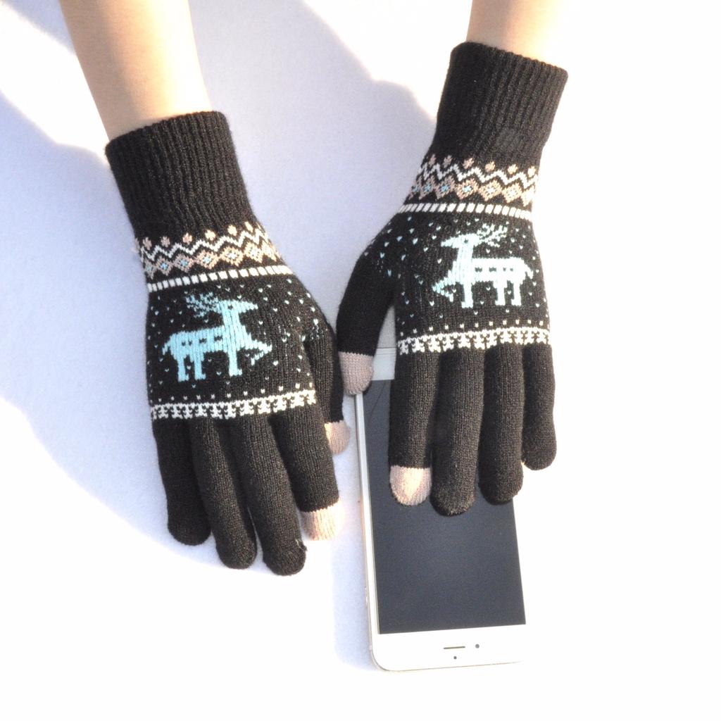 Women Winter Plush Warm Knitted Gloves Students Girls New Elk Touch Screen Jacquard Mittens Outdoor Cycling Skiing Gloves