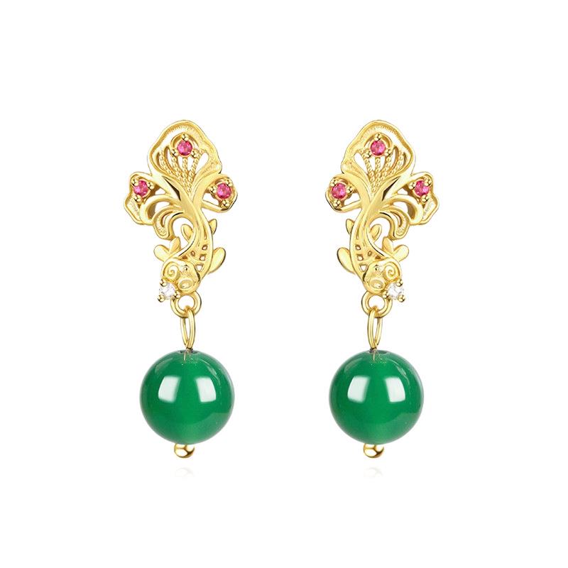 Eco-friendly Sand Gold & Green Chalcedony Vintage Earrings - Yearly Abundance Style in 925 Silver Needle & Copper