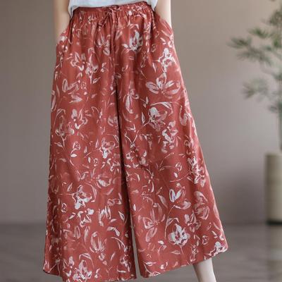Künstlerischer Druck Sommer Hohe Taille Weites Bein Rockhose für Damen in Übergröße Mittelalterlich Locker Dünn Cropped-Hose