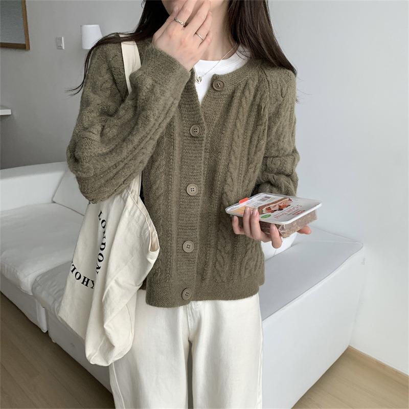 Sanfte weiche wachsige Zopfstrickjacke Damen Herbst und Winter Neu Fauler Stil Locker Kurz Gestrickte Cardigan Top