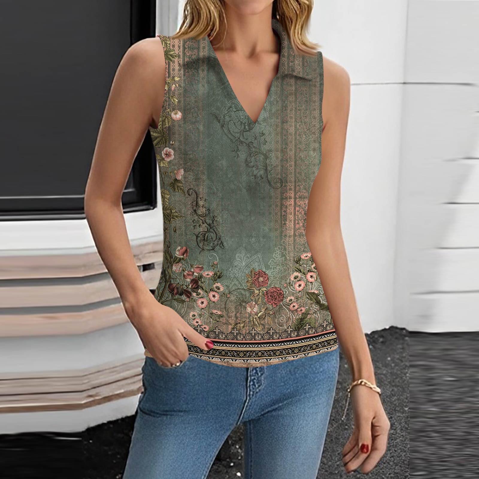 Женская летняя мода повседневная ретро-топ с цветочным принтом и V-образным вырезом без рукавов узкая майка S