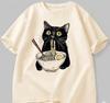 Lazy Cat Ramen T-Shirt, Black Cat Eating Noodles Graphic Tee, Kawaii Kitty Top