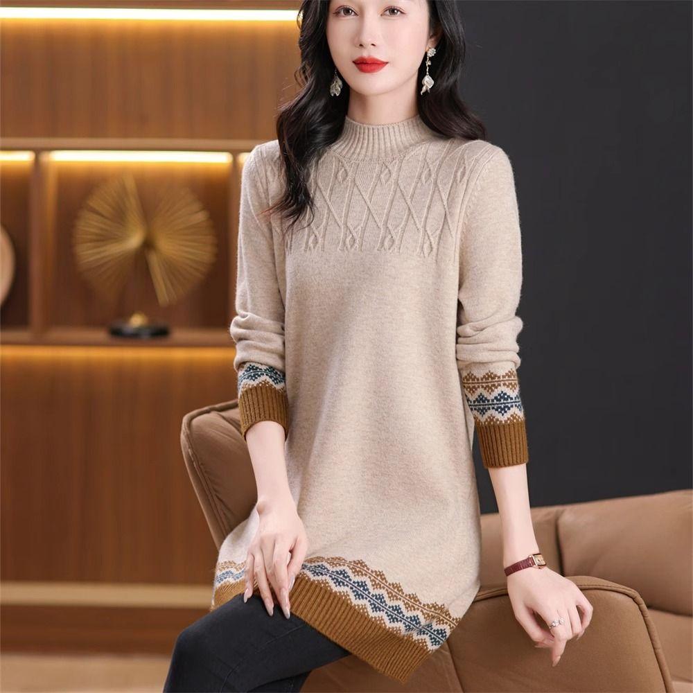 Half Turtleneck Knitted Sweater Women's Color Block Loose Mid-length Sweater Knitted Sweater Long-sleeved Casual Pullover Autumn and Winter Top