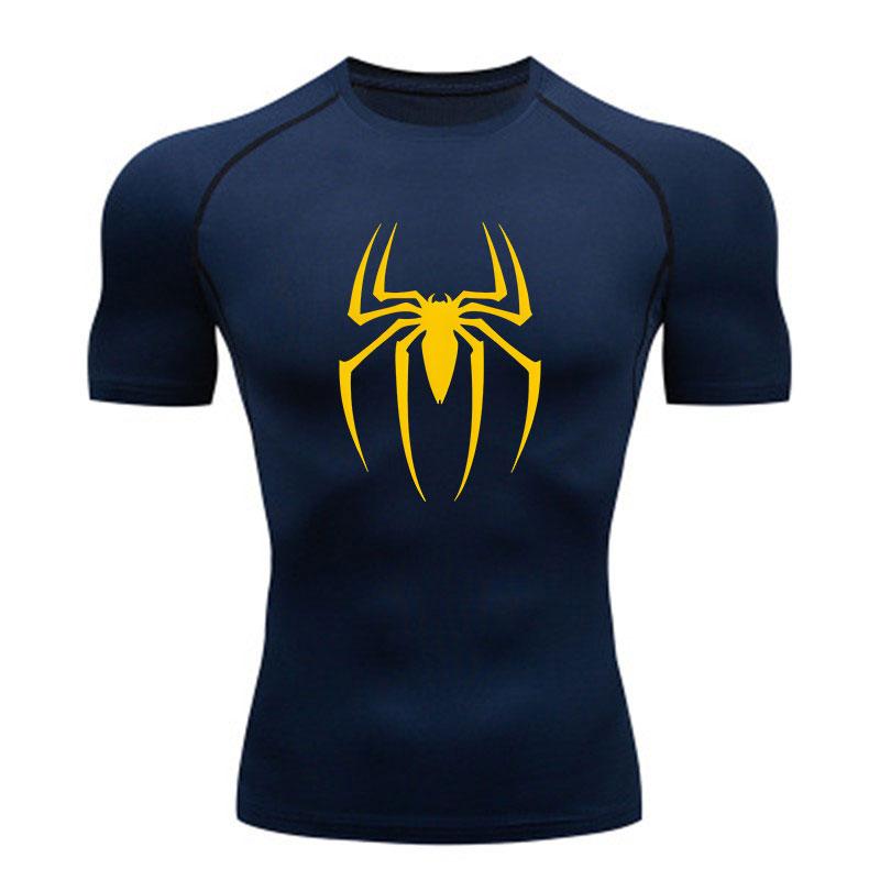Men's Compression Athletic T-Shirt, Yellow Spider Pattern Quick Dry Breathable Sports Top for Workout Running Gym Training Activewear