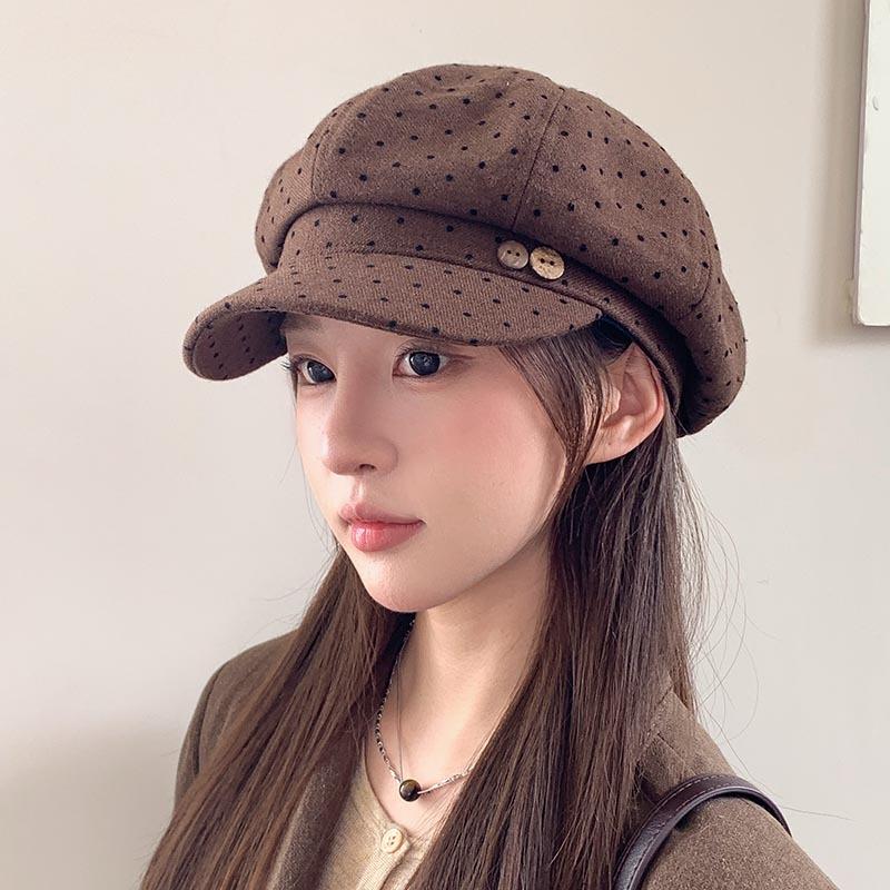 Polka dot button octagonal beret women's autumn and winter new fashion versatile face small literary and casual painter hat