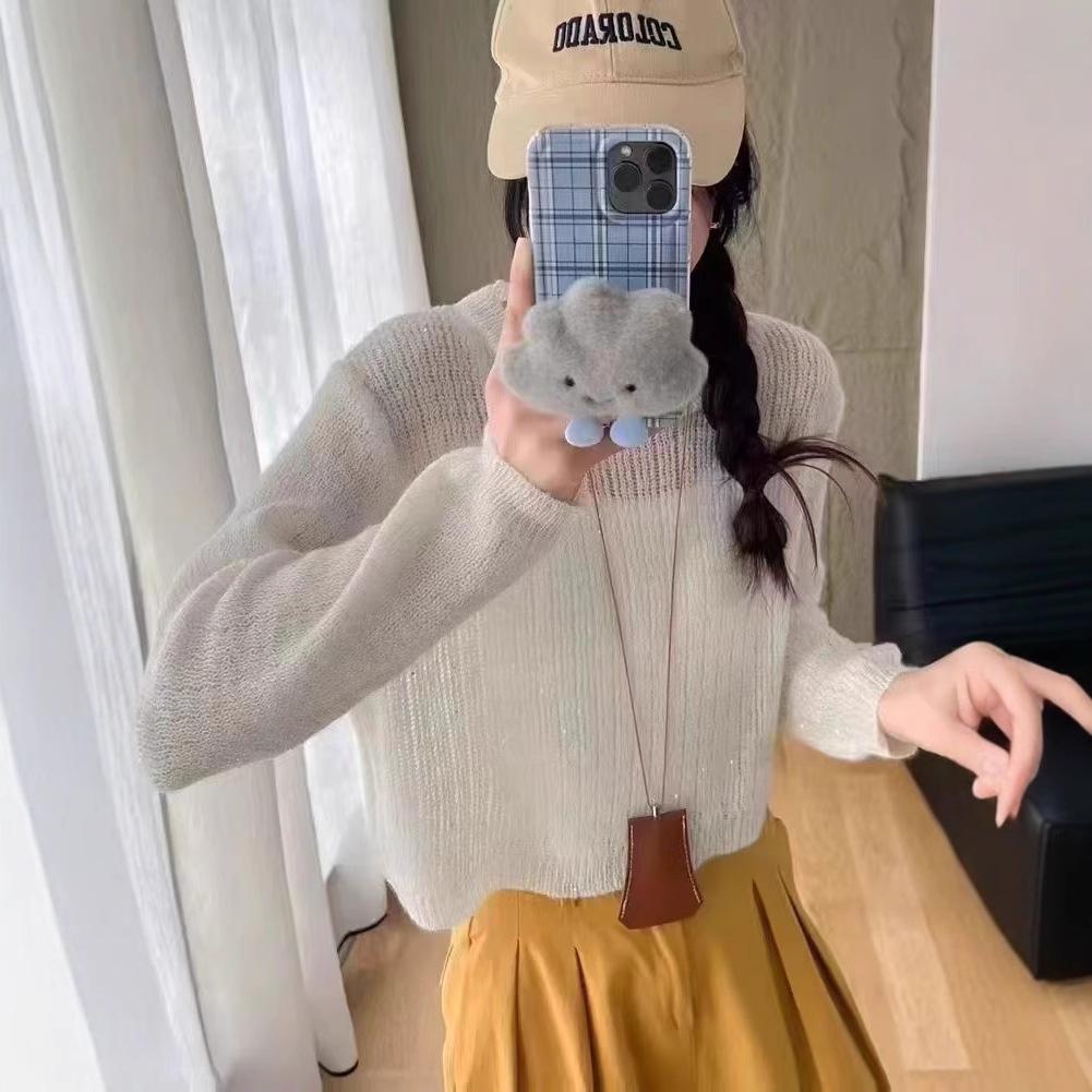 Design Sense Back Button Thin Long-sleeved Sweater Women's Spring and Autumn Short Back Long High-end Knitted Sweater Women