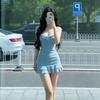 French Pure Desire Style Blue Suspender Dress Women's Summer Ruffle Edge Skirt with Hip Wrap Skirt