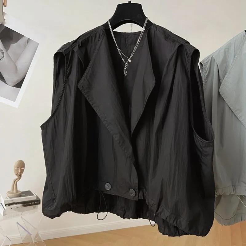 

Женская летняя однотонная свободная повседневная куртка без рукавов с плиссированным тонким жилетом S чёрный