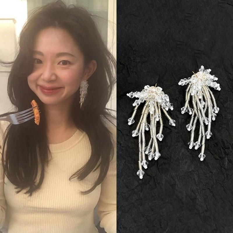 Elegant Dangle Earrings With Glittering Beaded Tassels Sensitive Skin Friendly Alloy Jewelry For Daily Wear
