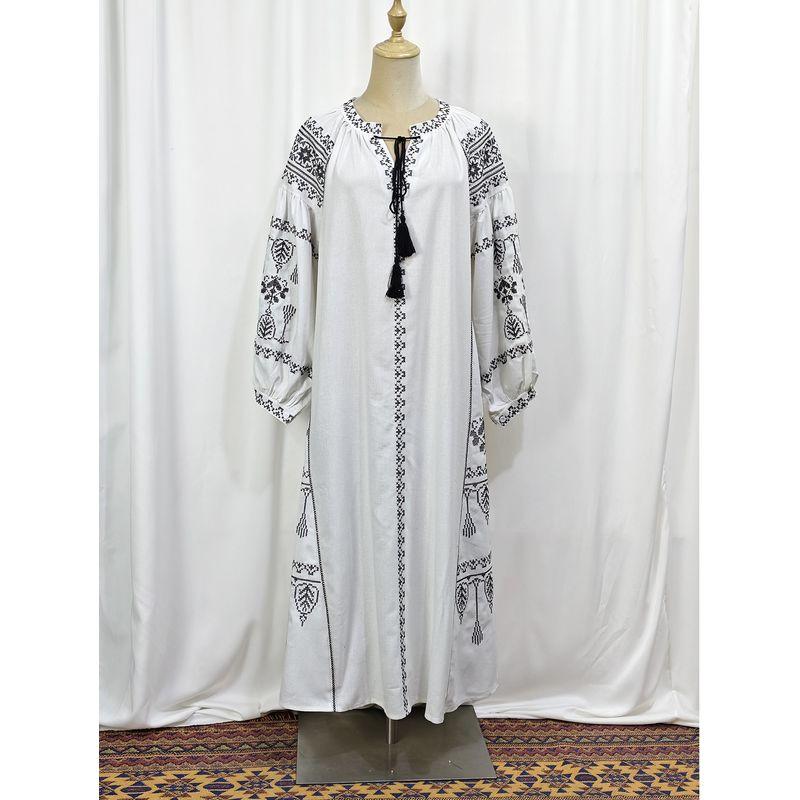 

Малайзия Индонезия Юго-Восточная Азия Женское платье с кисточками Машинная вышивка Рукав-фонарик Хлопок Лен Длинное платье Платье White L