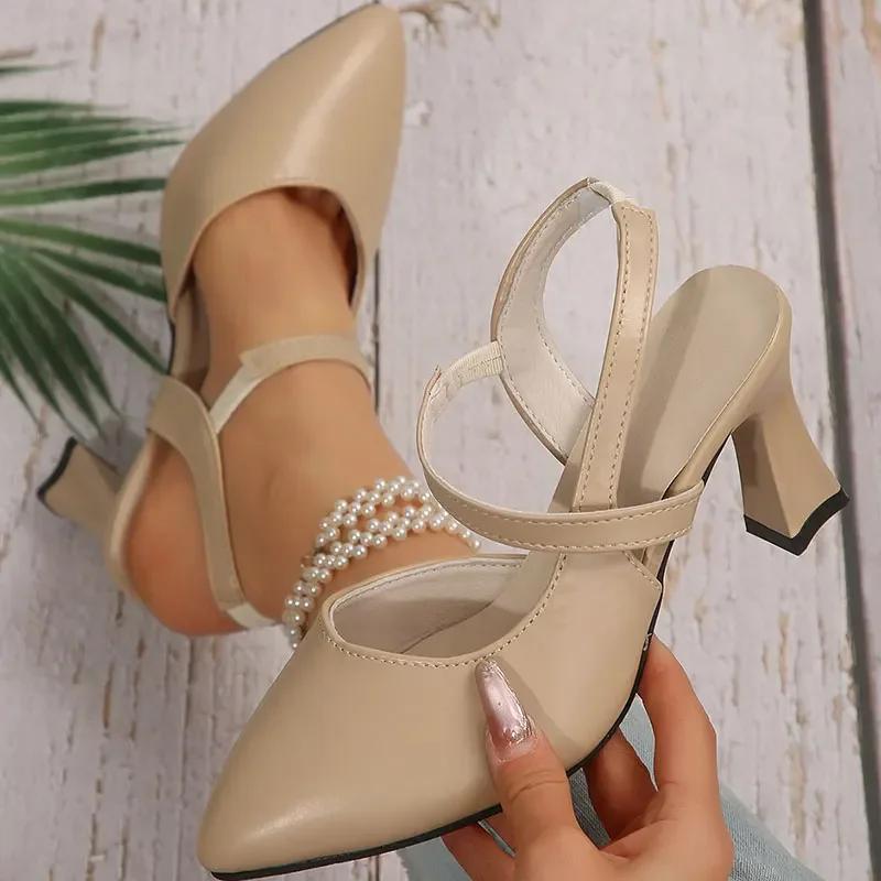 Fashion Women\'s Concise High Heel Sandals Plus Size Pu Leather Pointed Toe Office Sandals Summer Comfort Slingback Thin Heels Sandls