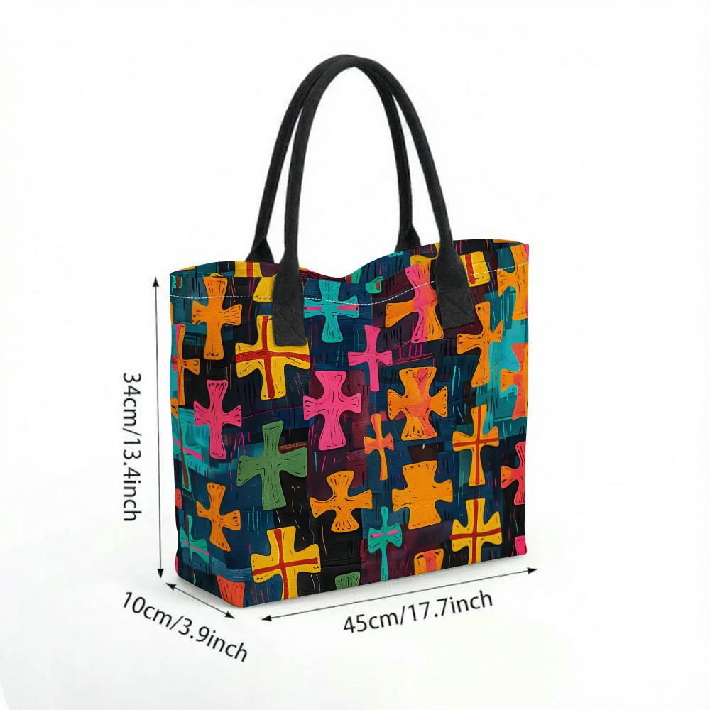  Colorful Cross Print Tote Bag Large Capacity Casual Shoulder Bag for Daily Use