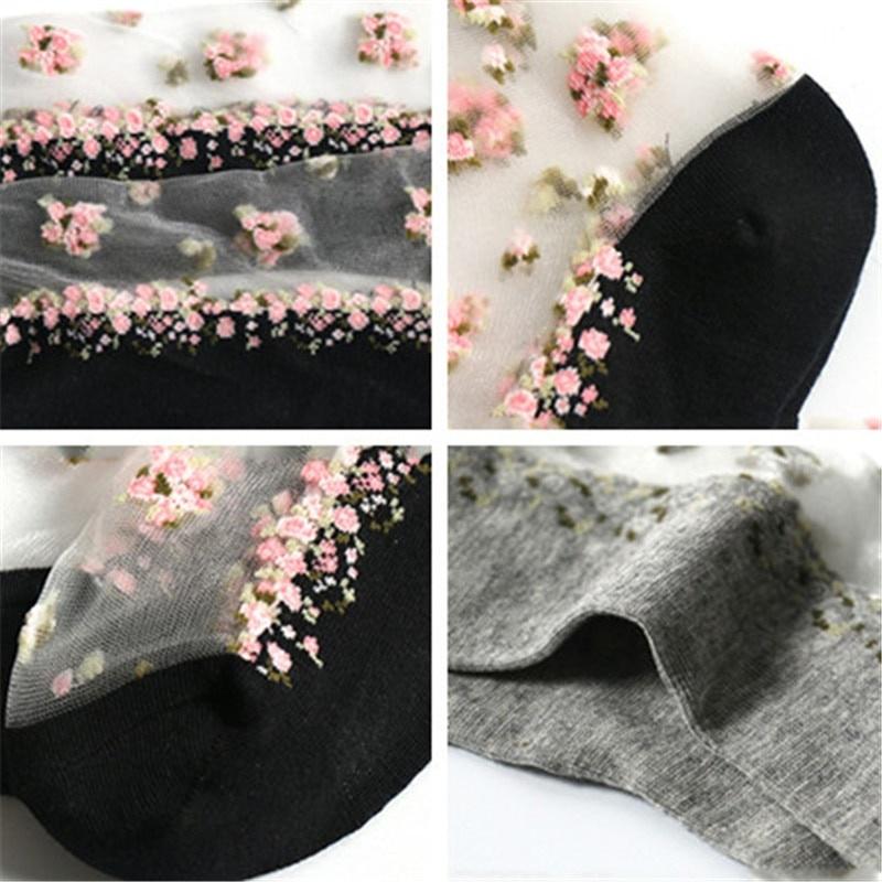 1 Pair Summer Women Transparent Lace Silk Crystal Rose Flower Breathable Ultra Thin Elastic Socks