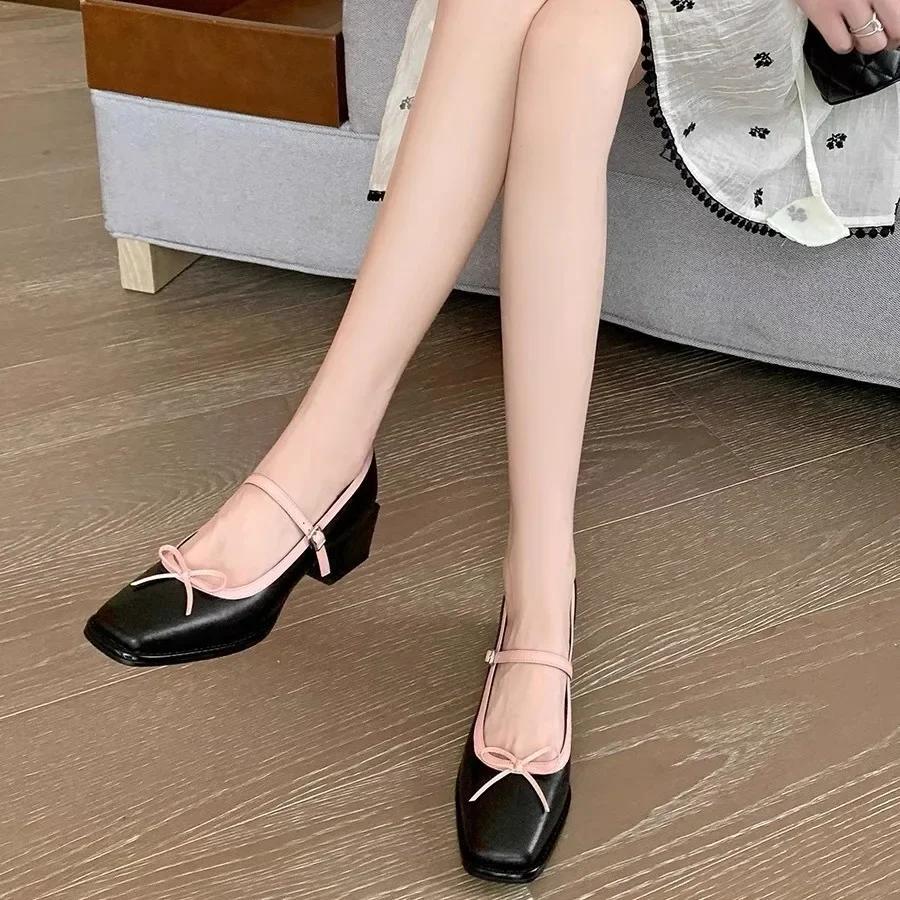 Square Toe High Heels Butterfly-knot Buckle Strap Ladies Shoes Mary Janes Block Heel Women Pumps Party Wedding Shoe