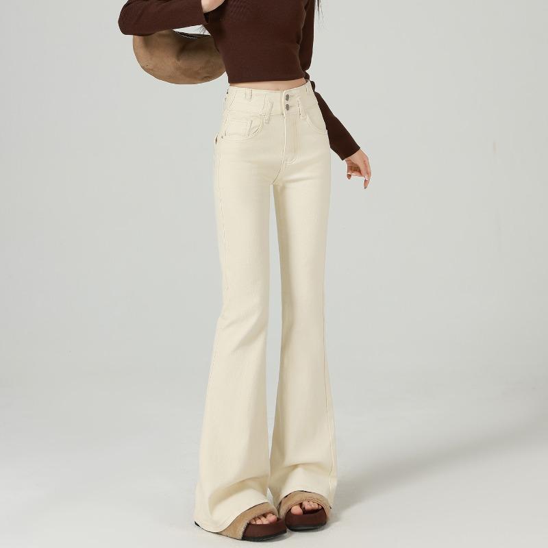 Slightly Pulled Jeans Women's Velvet Trousers New Autumn and Winter Light-colored Elastic High-waisted Thin Horn Pants