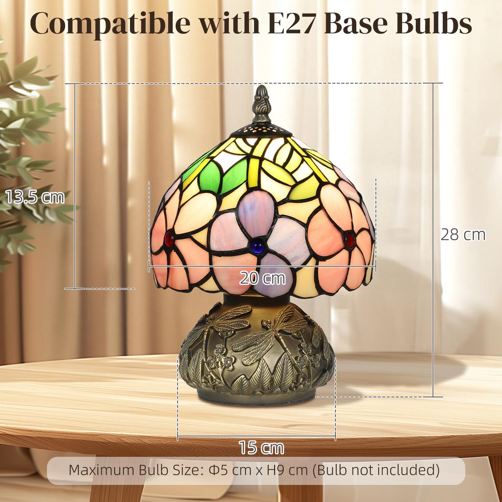 Tiffany-Style Table Lamp with Sculpted Dragonfly Base, Handcrafted Antique Stained Glass Bedside Lamp for Living Room and Bedroom, E27 Socket, Pink