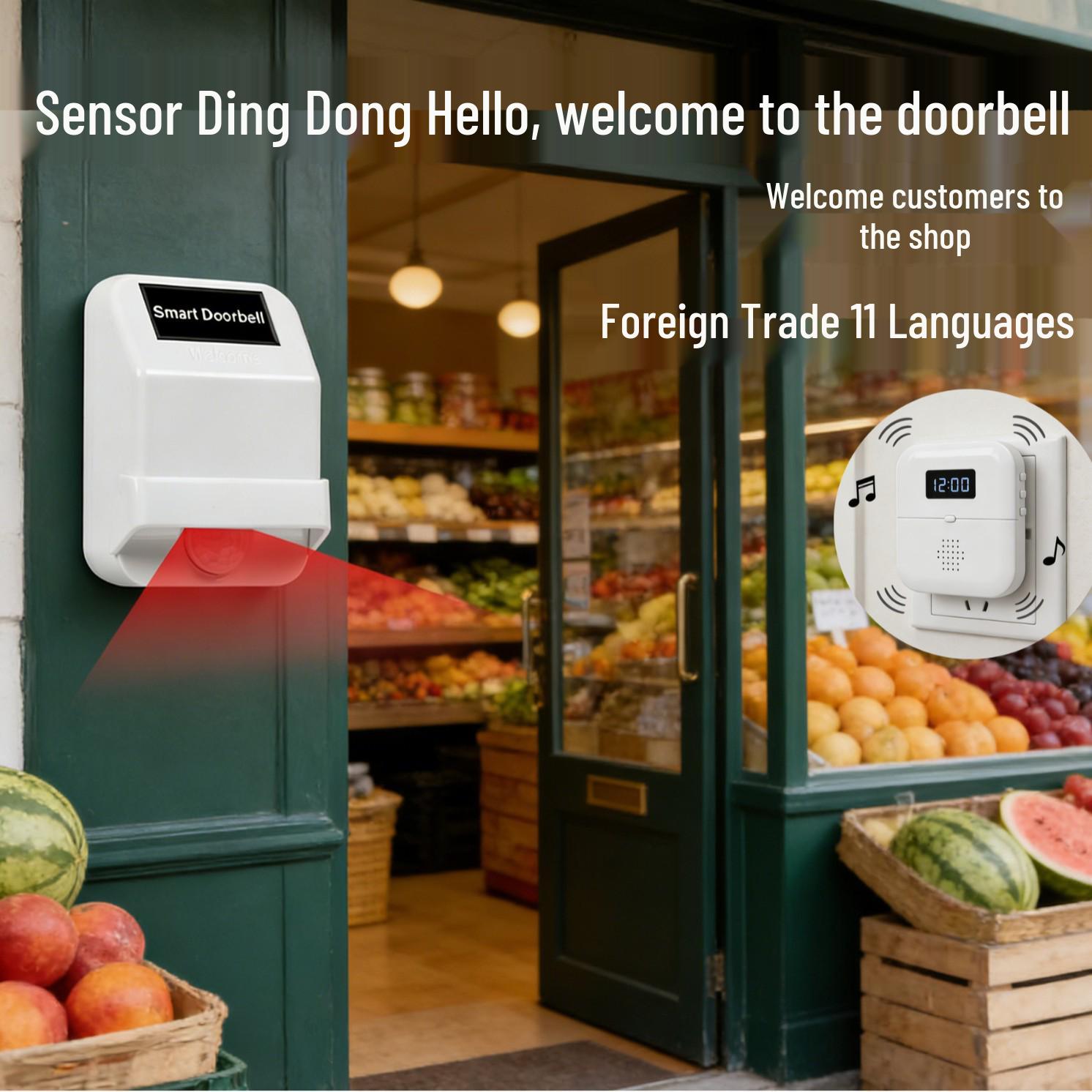 Multilingual Welcome Door Sensor Chime: 11 Language Greeting for Store Entry Transmitter (requires pairing)