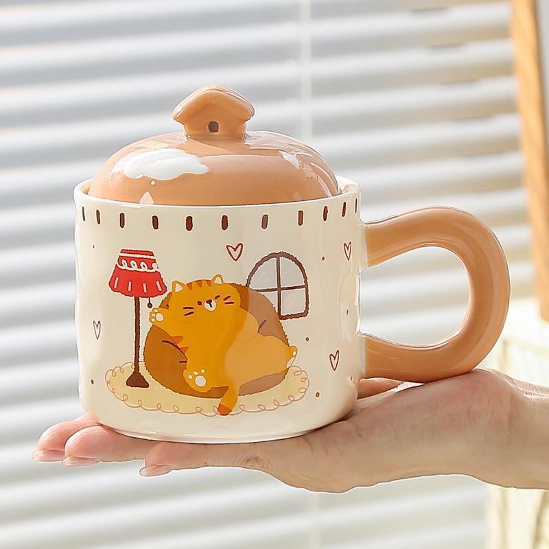 Cat Cute Cartoon Ceramic Cup with Lid Mug Coffee Cup Office Water Cup Breakfast Cup Souvenir Gift Box