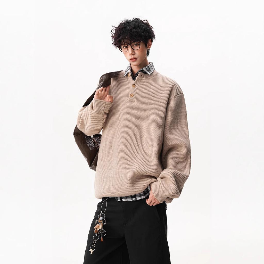 American Retro Henley Collar Button Sweater Men Women Winter Loose Slouchy Long Sleeve Base Pullover Knitwear