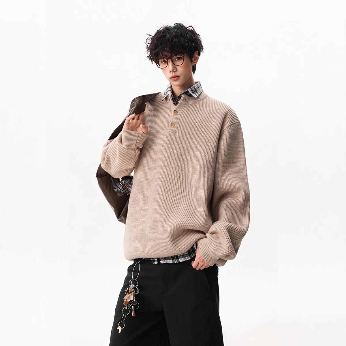 

American Retro Henley Collar Button Sweater Men Women Winter Loose Slouchy Long Sleeve Base Pullover Knitwear L хакі