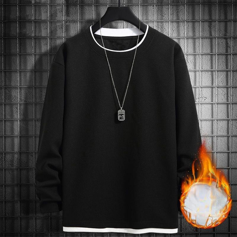 Loose Round Neck Inner Bottoming Shirt Trendy Men'S Waffle Fake Two Long-Sleeved T-Shirt Autumn And Winter Sweater