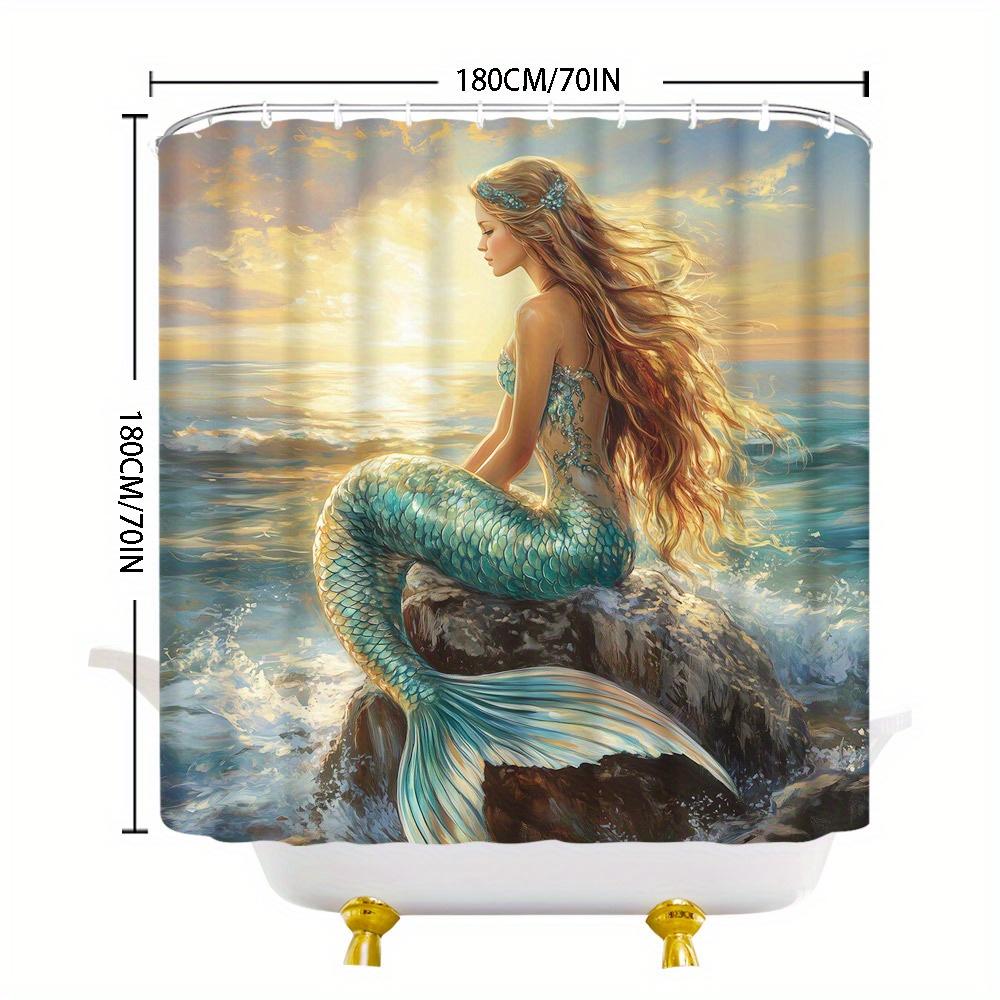 Rideau de douche Sirène aux Cheveux Dorés: Queue Turquoise, Coucher de Soleil Océanique, Polyester, 12 Crochets, Lavable en Machine, Art Fantastique.