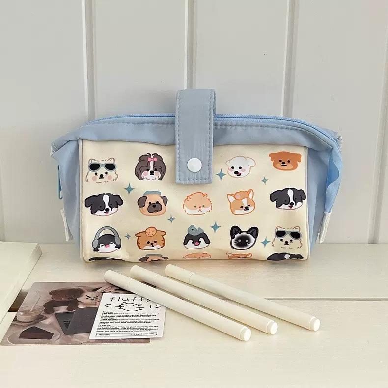 Japanese Style Large Capacity Puppy Pencil Case for Students - Canvas Stationery Storage Bag