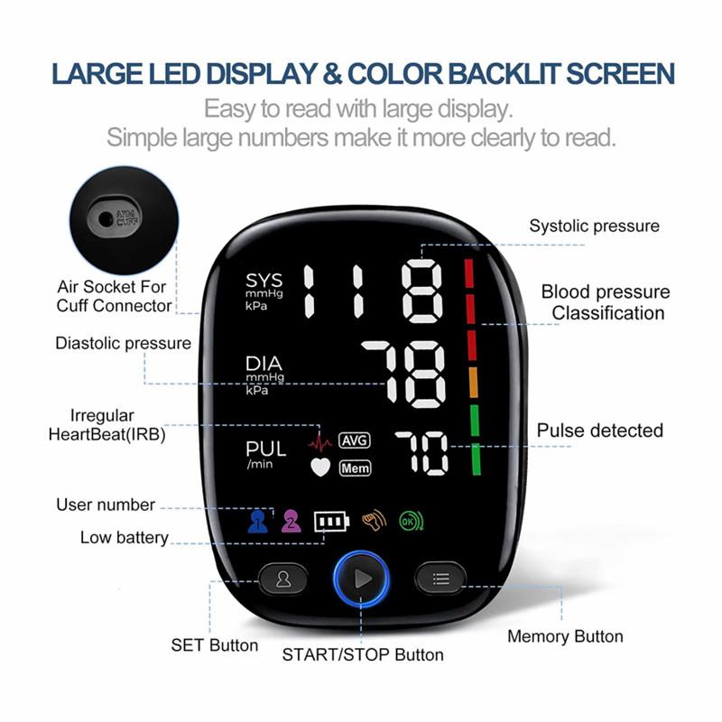 Digital Blood Pressure Monitor Upper Arm Automatic BP Cuff Machine with LED Display for Home Use Health Car
