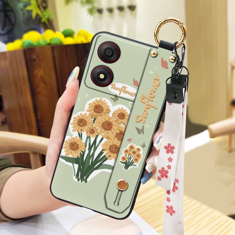 Kickstand Oil Painting Phone Case For ZTE Blade A34 Anti-dust Ring Fashion Design Anti-knock Lanyard Wrist Strap Flower