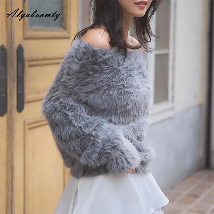 New Arrival Autumn Winter Women's Fluffy Faux Mink Sweater-Soft Fuzzy Pullover Slash Neck Gray Beige Warm Feminine Sweater