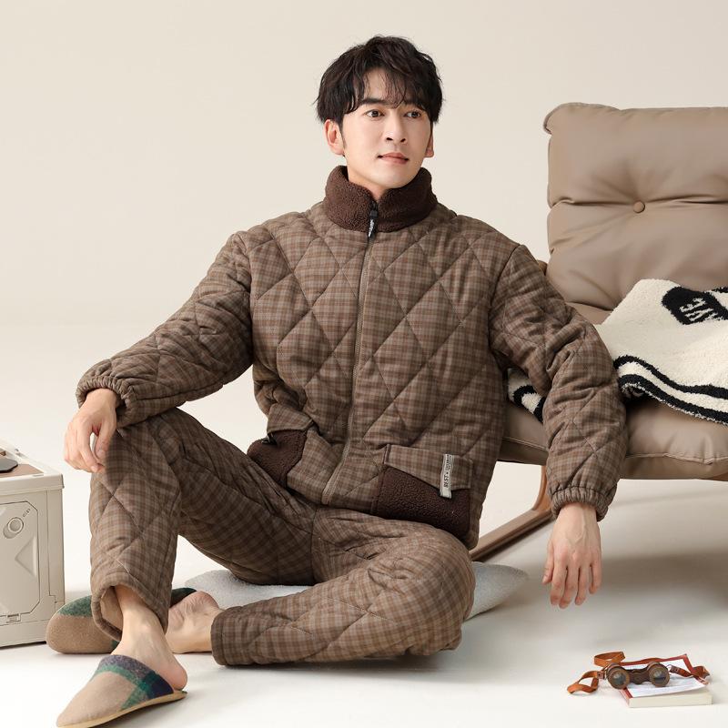 Pajamas Men'S Winter Three-Layer Thickened Fleece Pure Cotton Padded Jacket Men'S Autumn And Winter Coral Fleece Ultra-Thick Loungewear